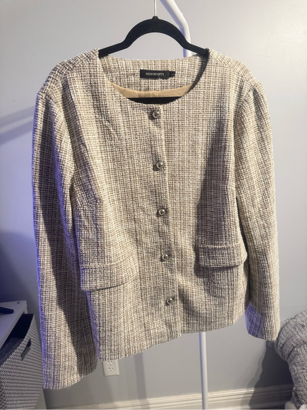 Tan Tweed Button-Front Blazer/Jacket